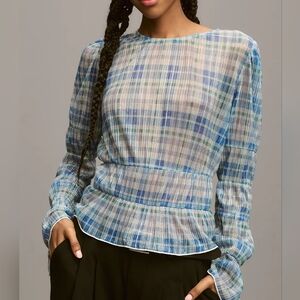 Anthropologie metallic stripe sheer long sleeves top, medium, blue